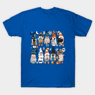 Boo-tiful gnomes // cobalt blue background fun little creatures black grey pastel blue and orange dressed for halloween T-Shirt